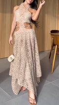 Beaded Cutout Crochet Lace Halter Maxi Dress