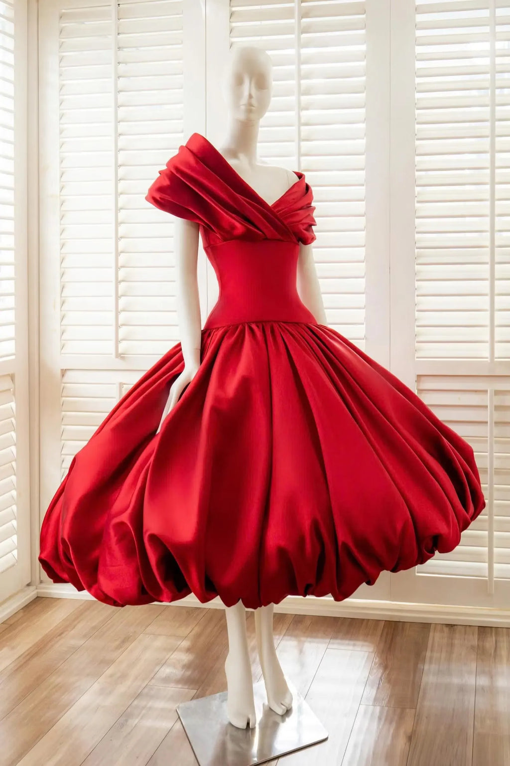 Cocoslly Off-The-Shoulder Sleeveless High Waist Long A Line Prom Dress With Pleated | Red Satin YC0571