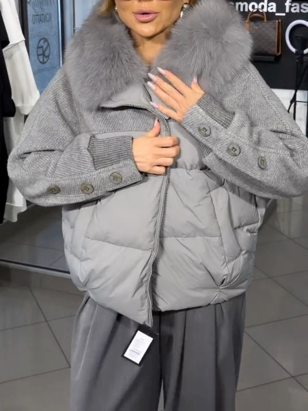 Grey Patchwork Fur Collar Puffer Coat