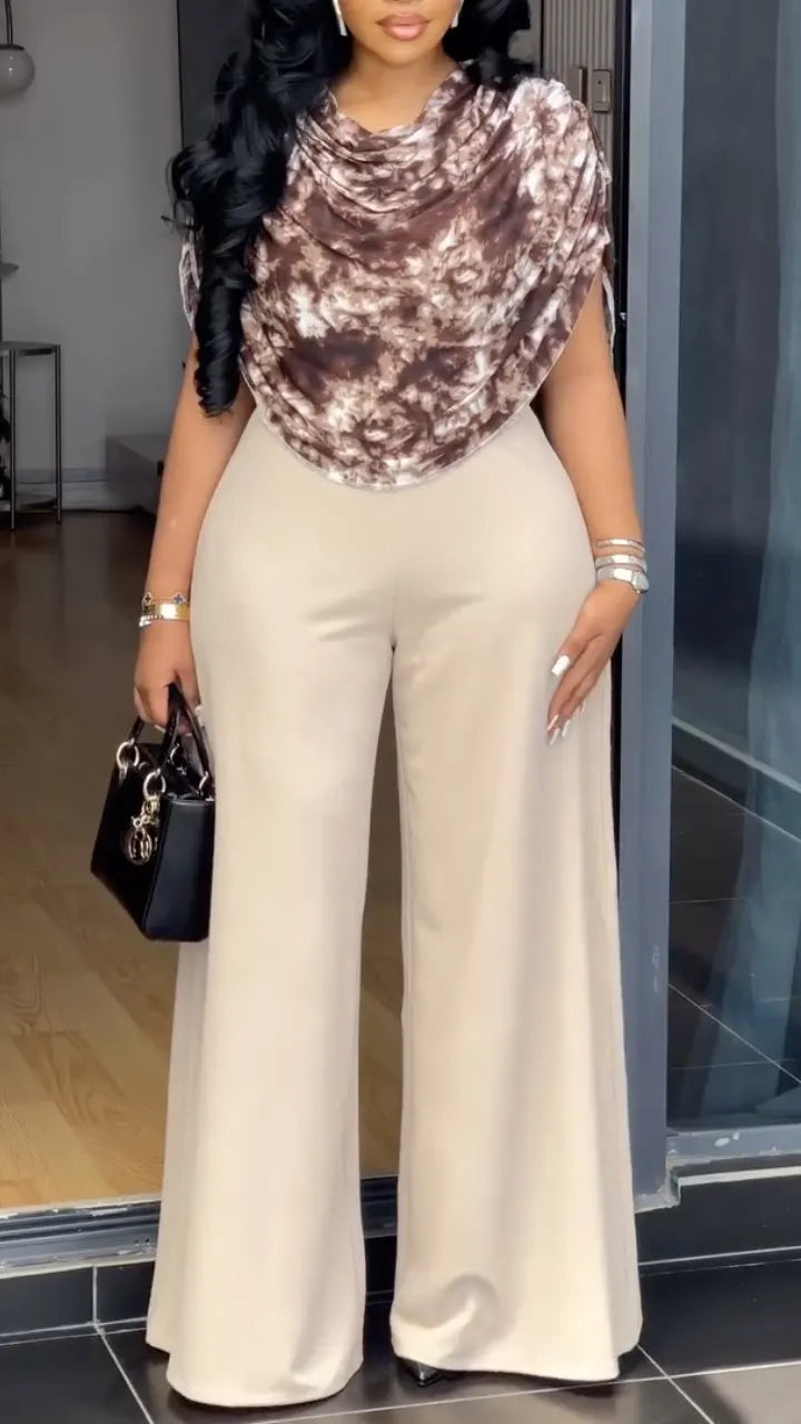 Abstract Print Draped Cape Top & Solid Wide Leg Pants Two Piece Set
