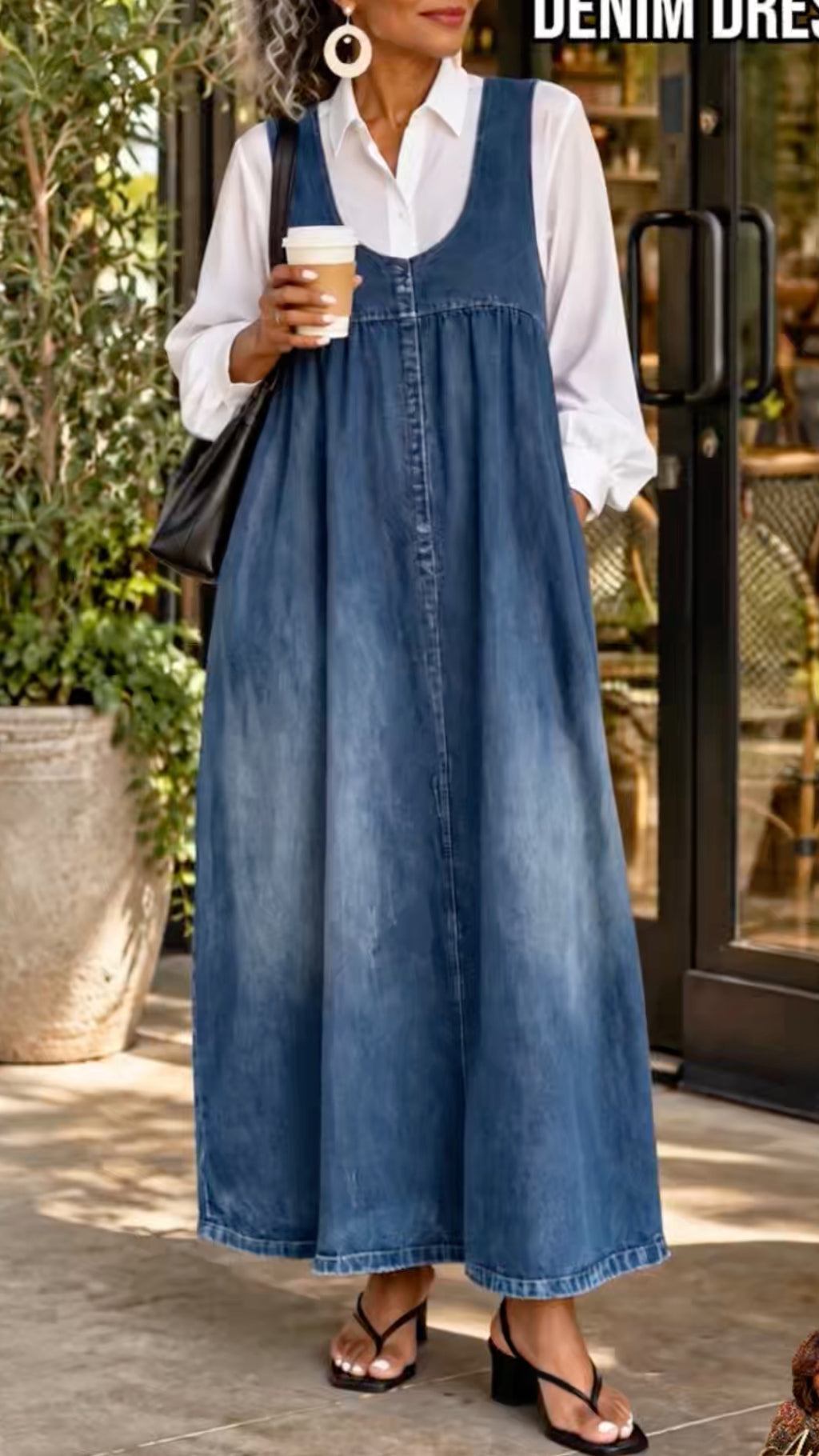 Blue Scoop-Neck Denim Pinafore Maxi Dress