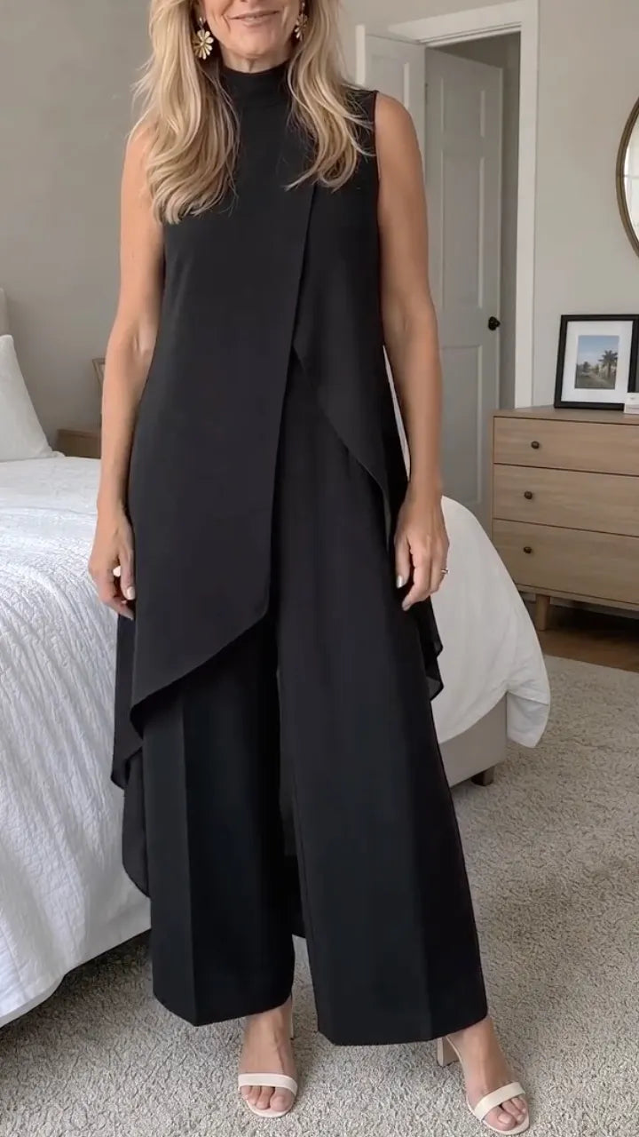 Mock Neck Sleeveless Draped Wide Leg Pants Set