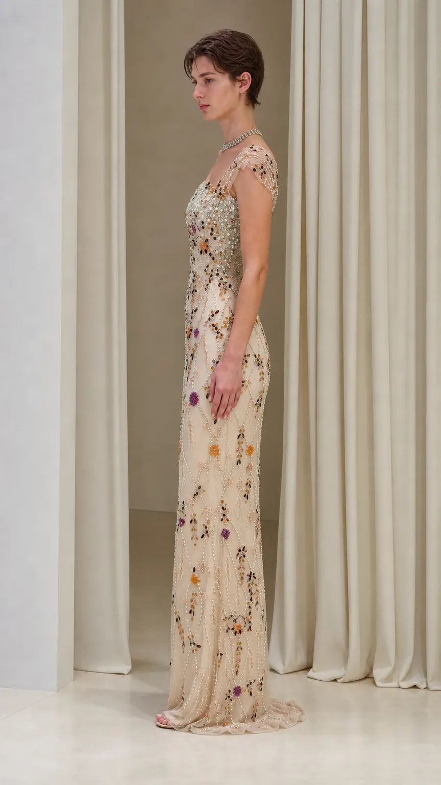 Floral Beaded Cap-Sleeve Column Evening Gown