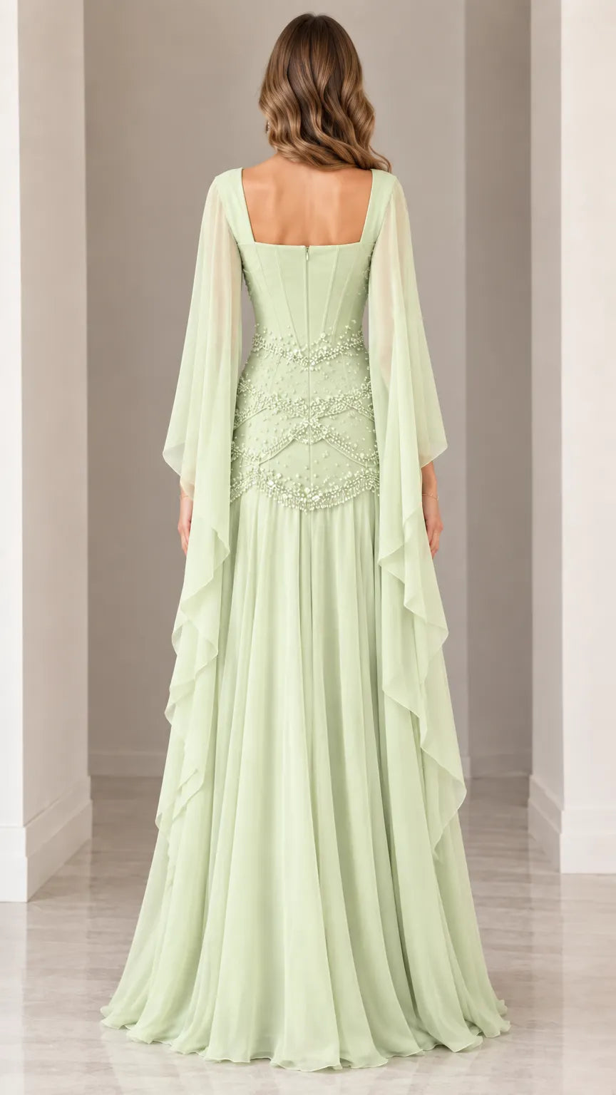 Embellished Pearl Bodice Cape Sleeve Evening Gown