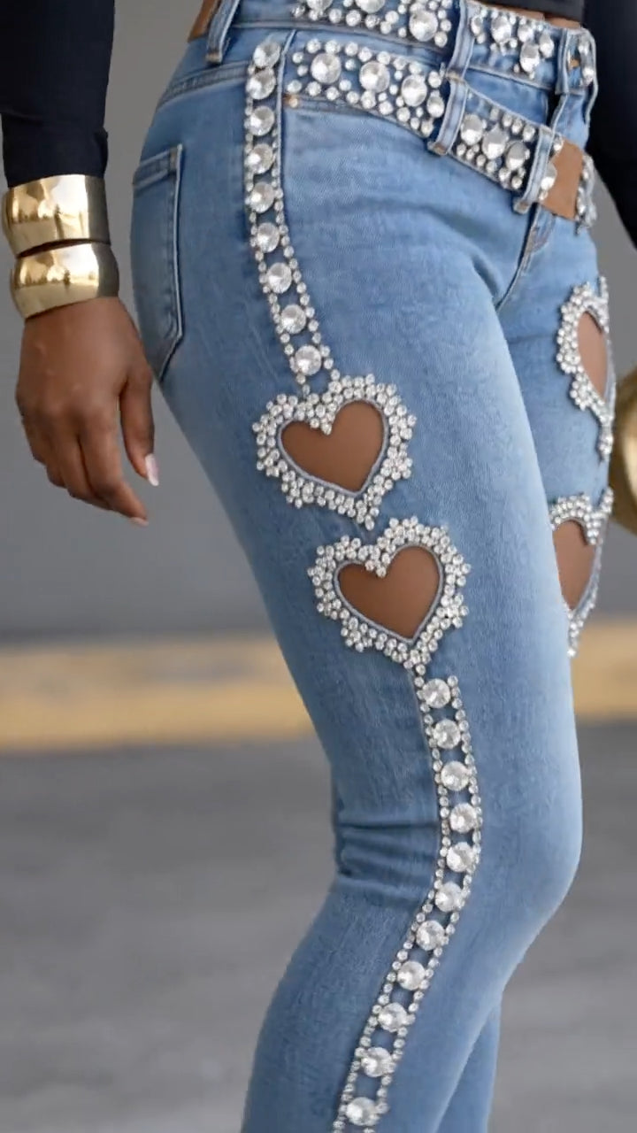 Rhinestone Heart Cutout Skinny Jeans
