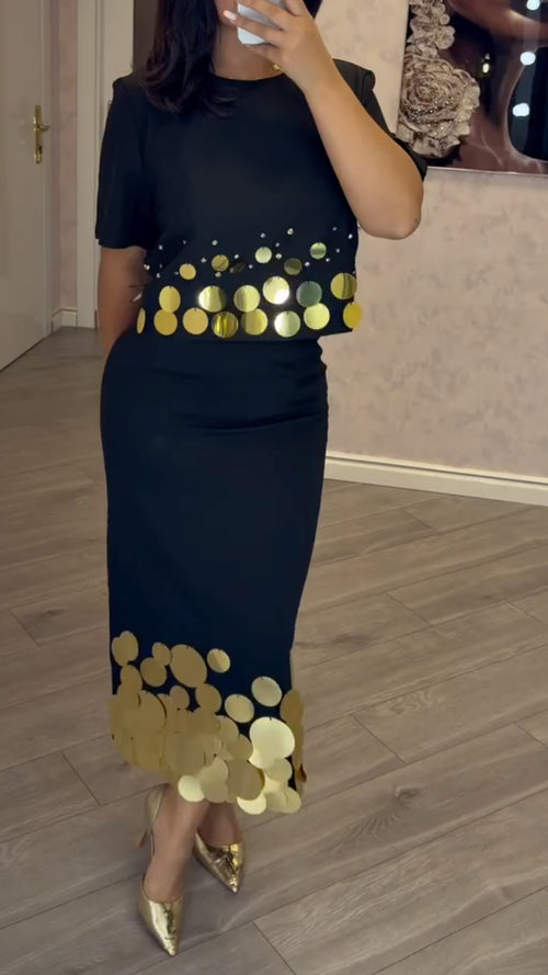 Black Gold-Disc Top and Midi Skirt Set