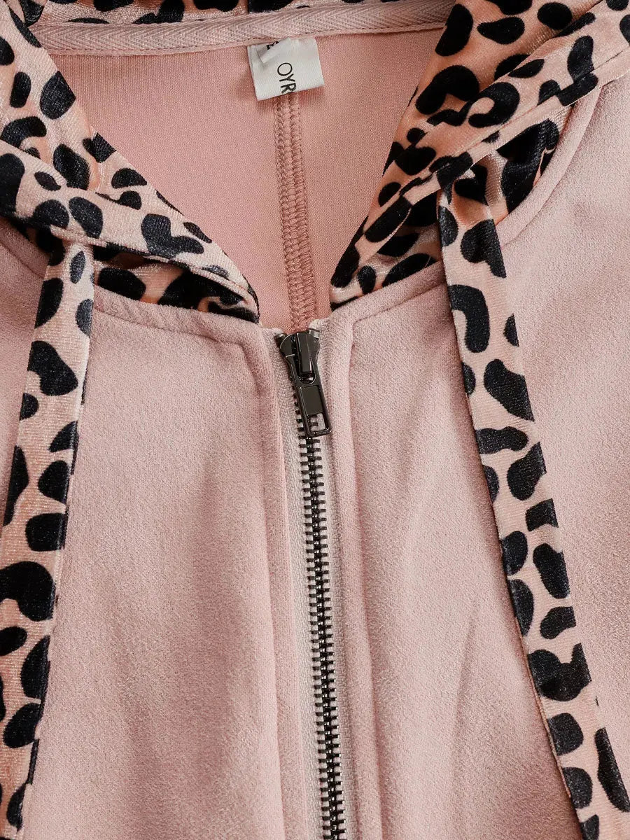 Western Retro Pink Faux Suede Sleeveless Leopard Print Hooded Wide-Leg Jumpsuit