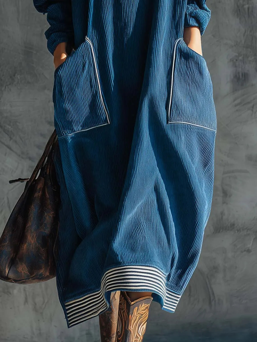 Casual Fashion Vintage High Collar Large Side Pockets Blue Corduroy Midi Dress