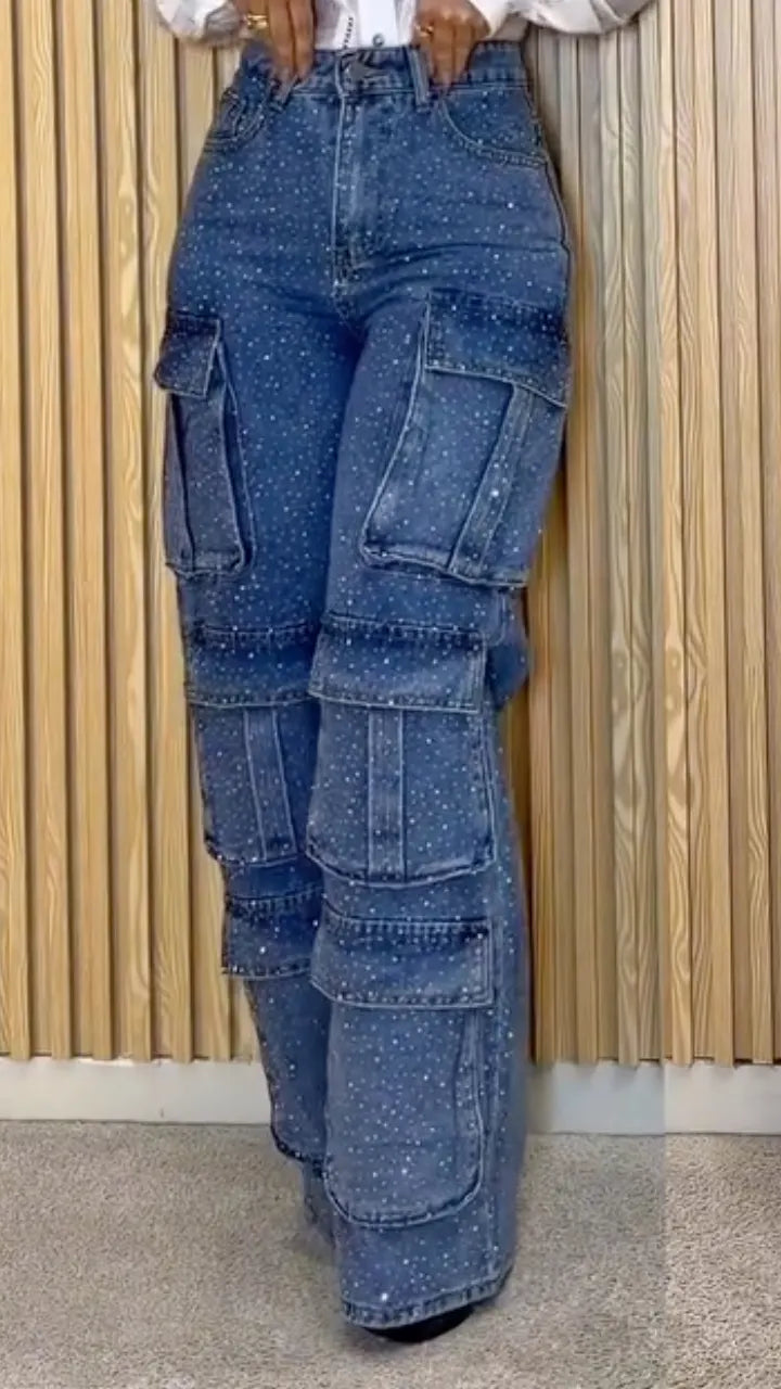 Rhinestone Multi Pocket Cargo Wide Leg Jeans