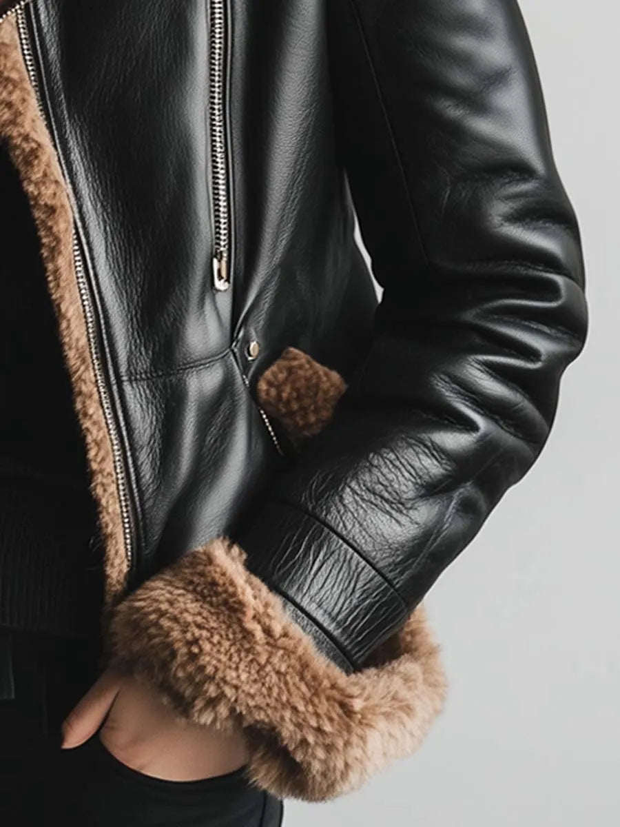 Women's Vintage Fur Collar Contrast Faux Leather Jacket