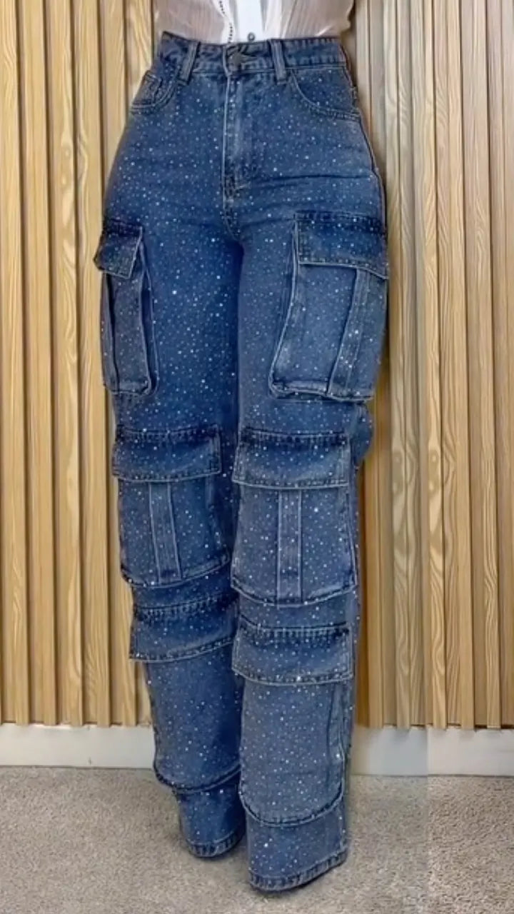 Rhinestone Multi Pocket Cargo Wide Leg Jeans