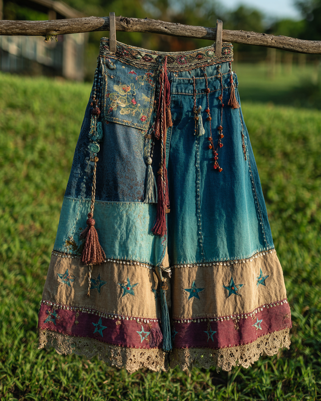 Spring/Summer Bohemian Style Color Block Denim Linen Skirt9365
