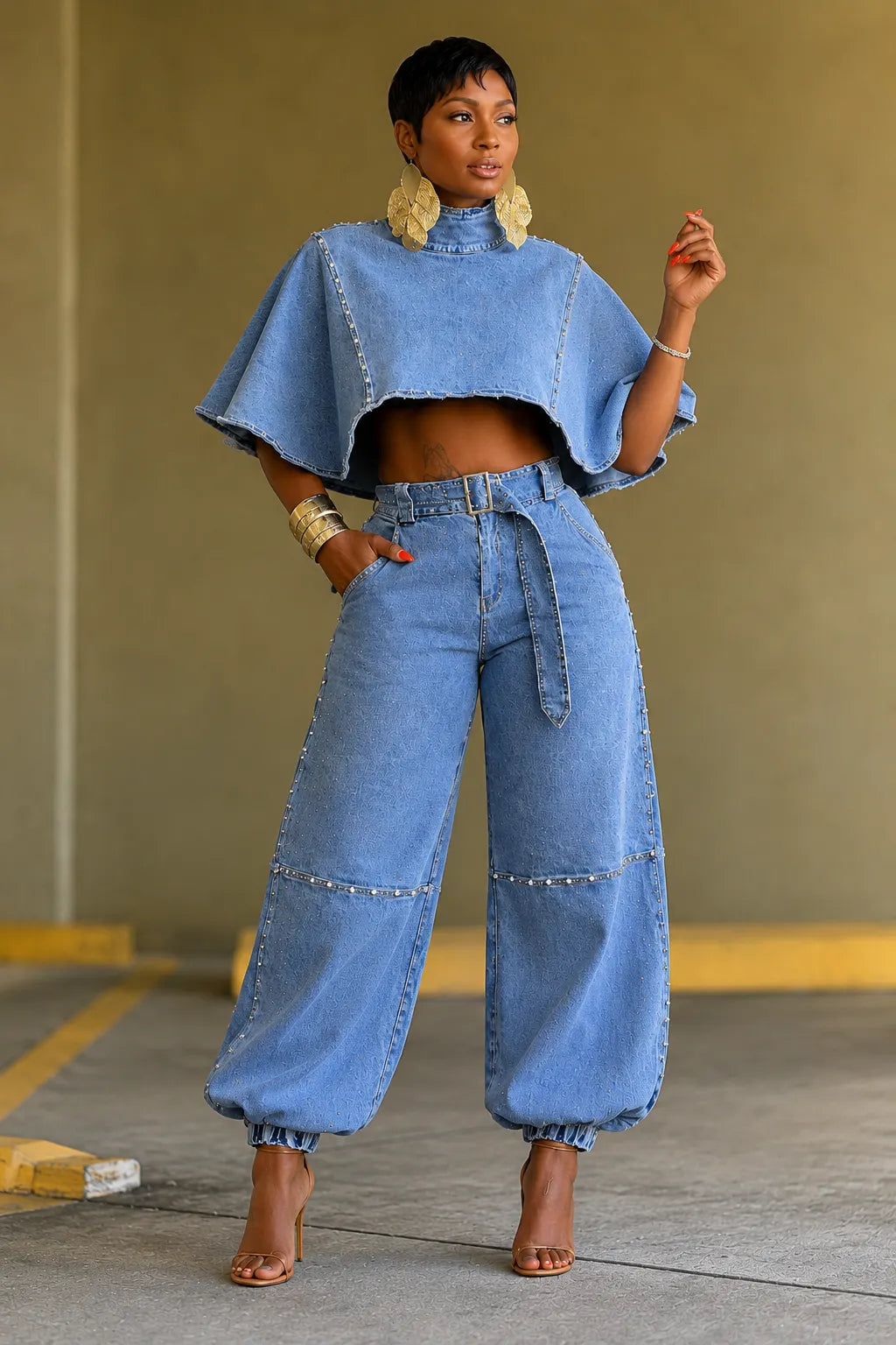 Denim Cape Crop Top &  Denim Pants Two‑Piece Set