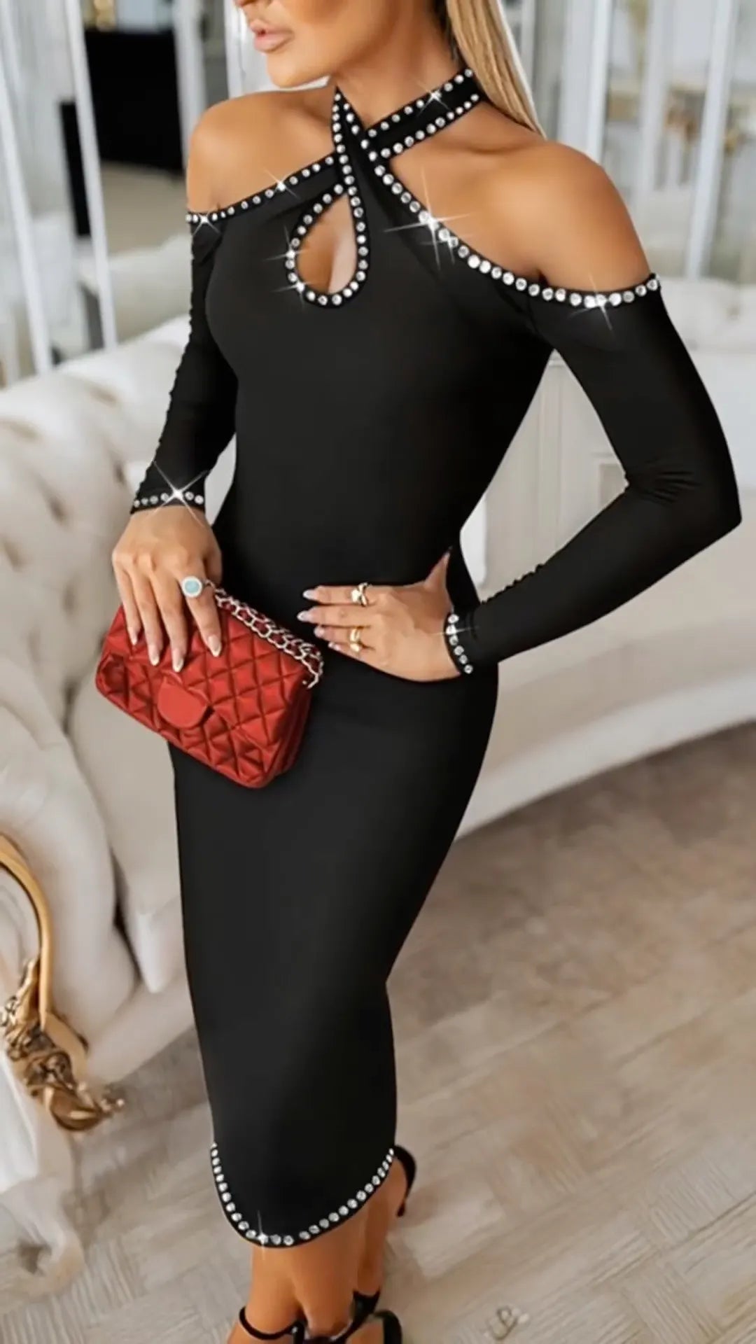 Crystal-Trim Halter Cold-Shoulder Midi Dress