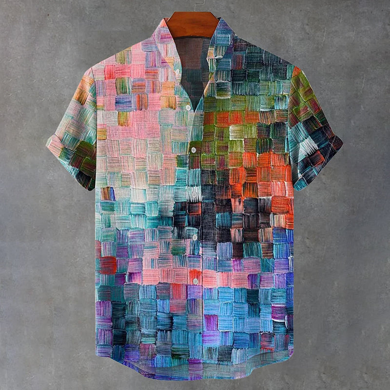 Oil Painting Style Lattice Vintage Art Print Casual Cotton Linen Shirt