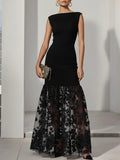Black Lace Applique Knit Boat Neck Sleeveless A-Line Floor-length Gown Dress