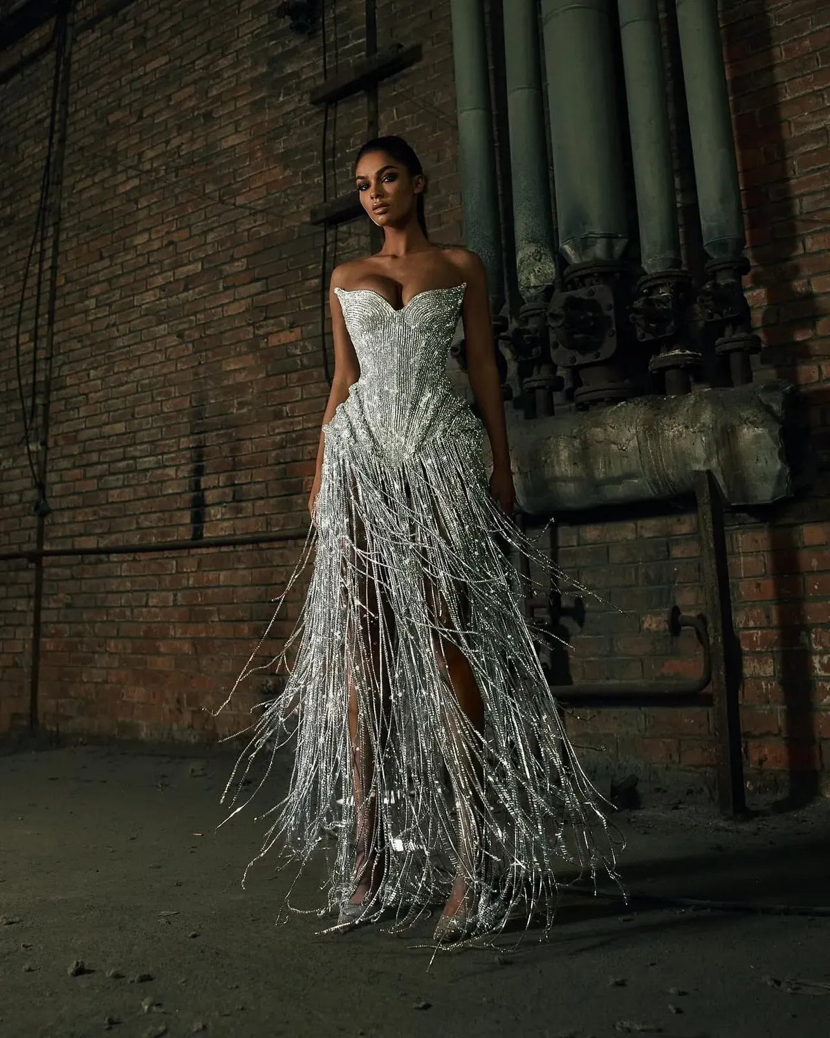 Cocoslly Strapless Sleeveless High Waist Long Prom Dress | Silver White Beading Pearls YK1253