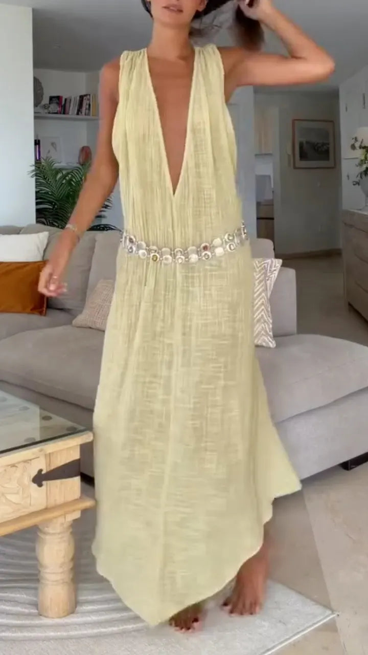 Crinkle Gauze Deep V‑Neck Maxi Dress