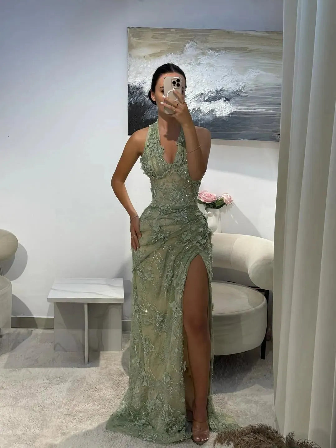 Cocoslly Halter Sleeveless Pleated Long Mermaid Split Prom Dress With Embroidered Appliqué | Dusty Sage Green Lace CO0014