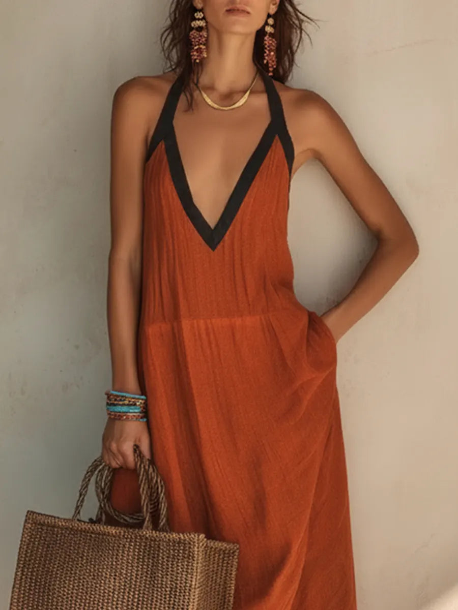 Women's Classic Minimalist Color-Block Linen-Blend Maxi Dress MDZ1660F2ZRK