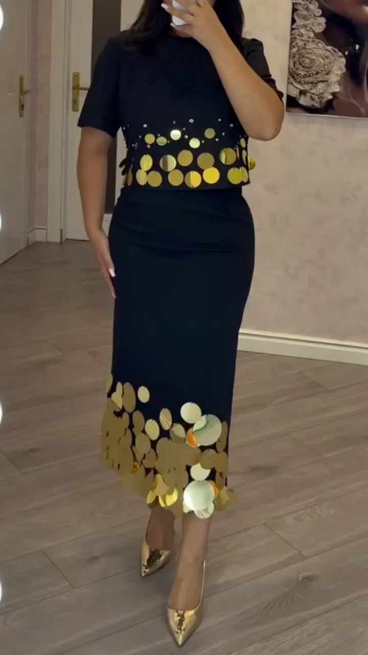 Black Gold-Disc Top and Midi Skirt Set