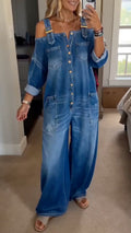 Blue Denim Off‑Shoulder Wide Leg Jumpsuit