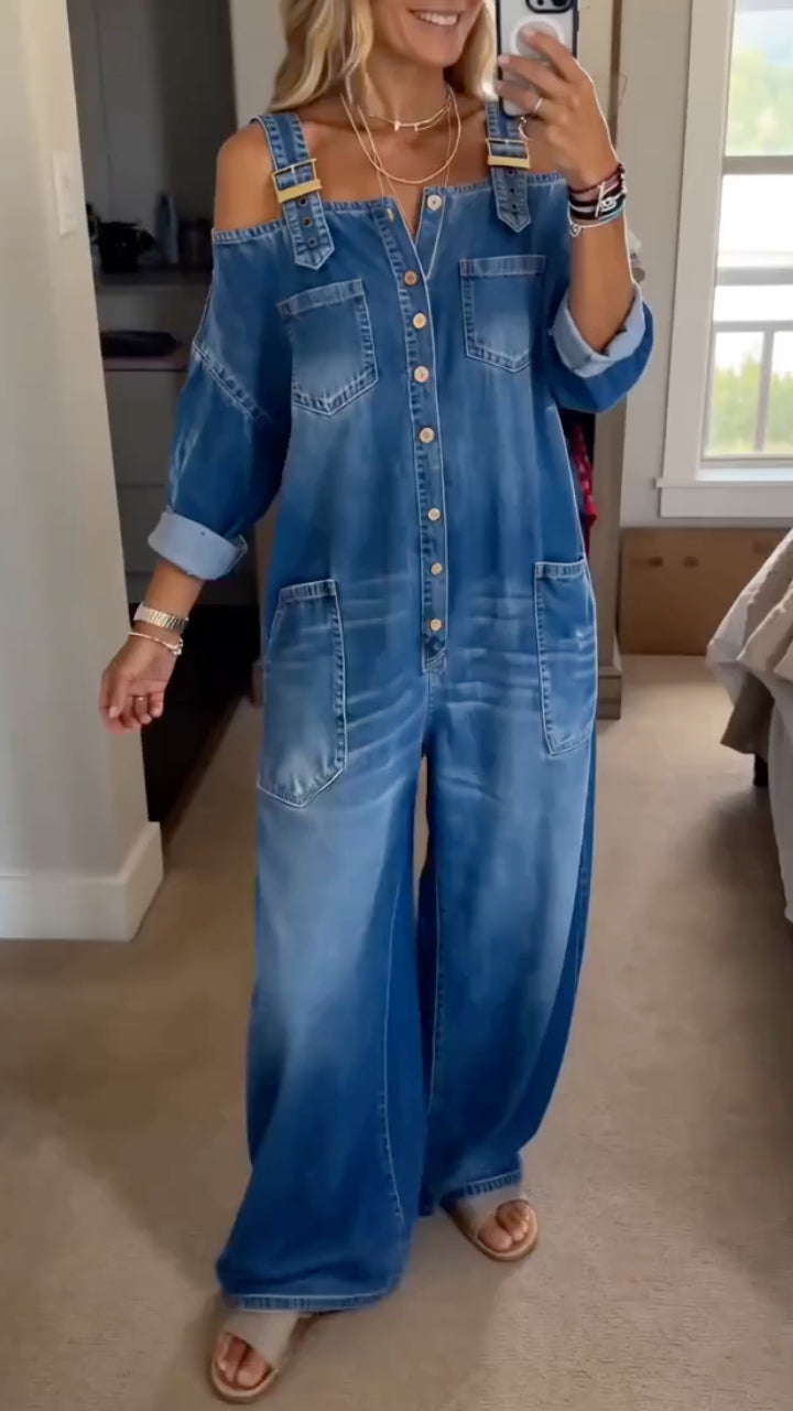 Blue Denim Off‑Shoulder Wide Leg Jumpsuit