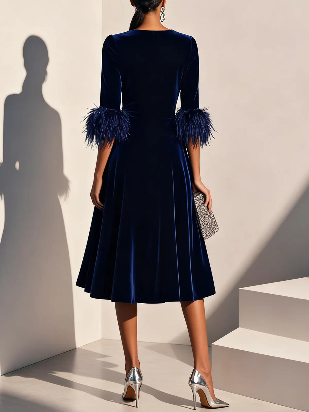 Purplish blue Feather-trimmed Velvet Crew Neck Half Sleeve A-Line Midi Dress
