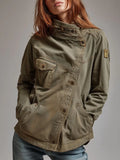 Retro Stand Collar Slanted Placket Pocket Jacket