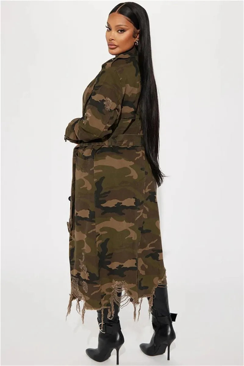 Stylish Women's Camo Long Coat With Edgy Distressed Details
