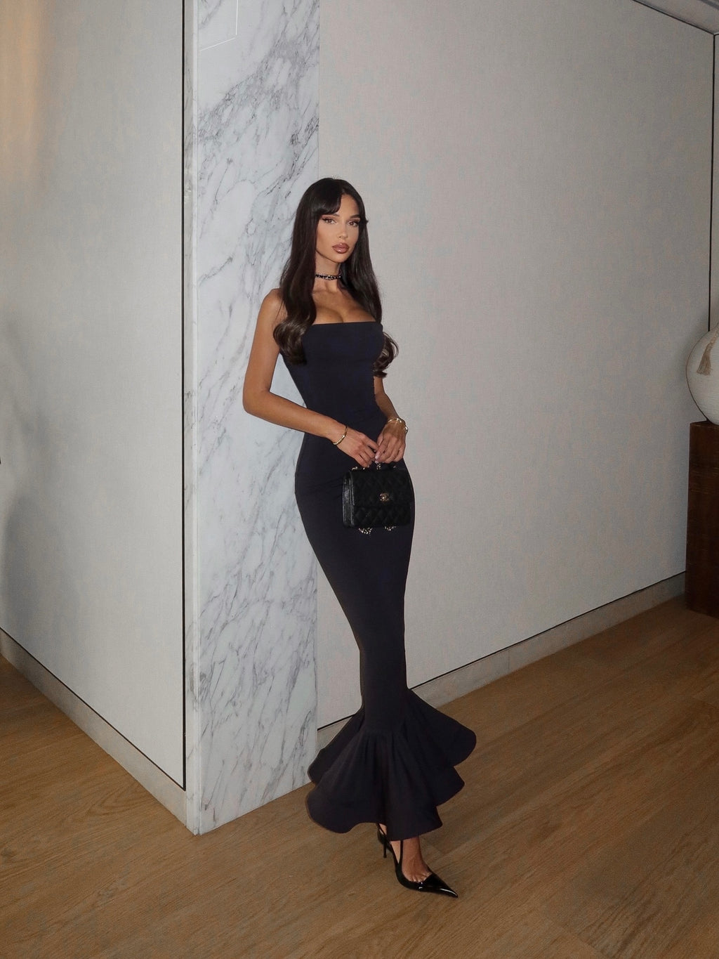 Cocoslly Strapless Sleeveless Long Mermaid Prom Dress | Black Satin CO0092