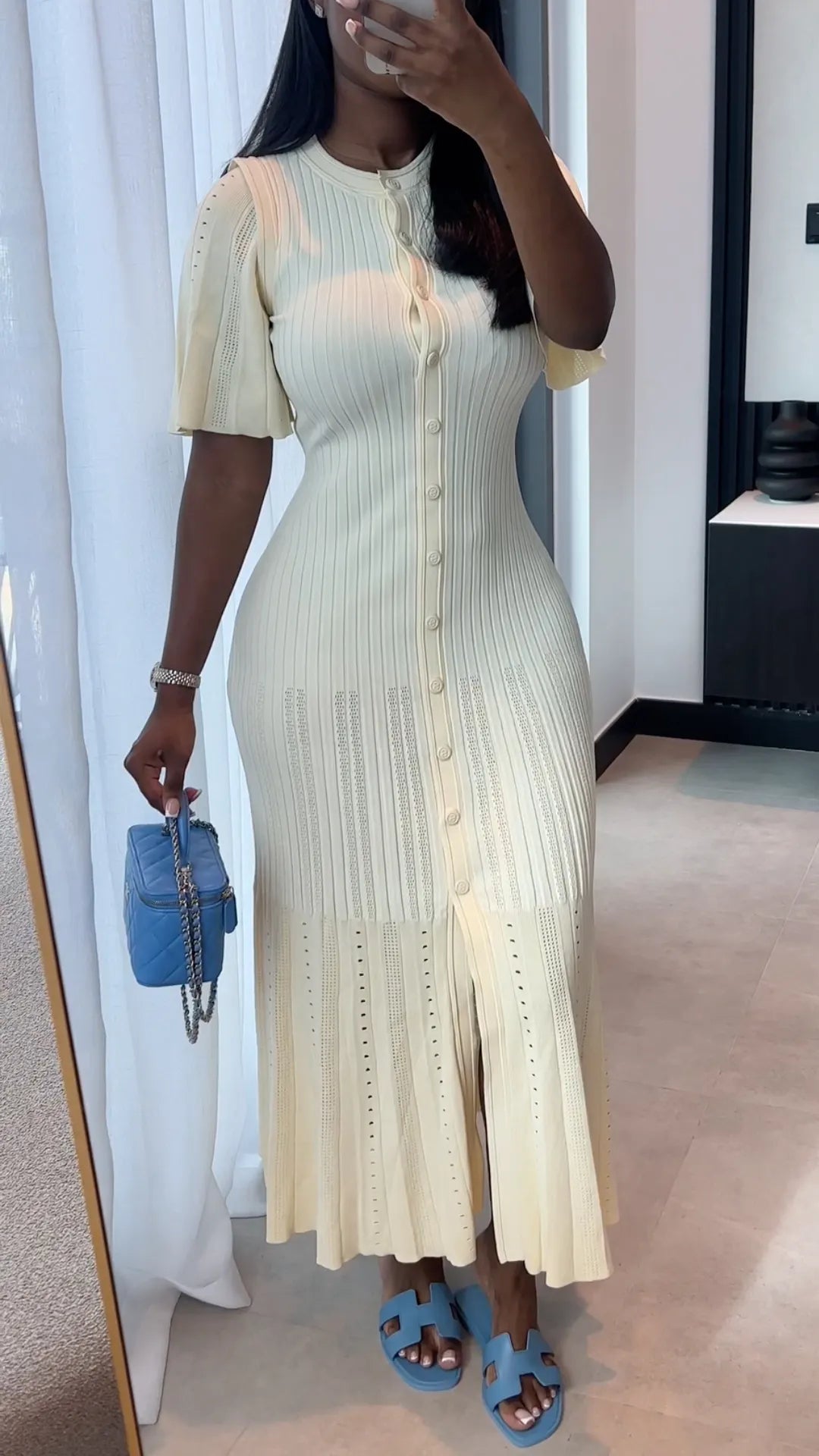 Ribbed Knit Button Midi Dress