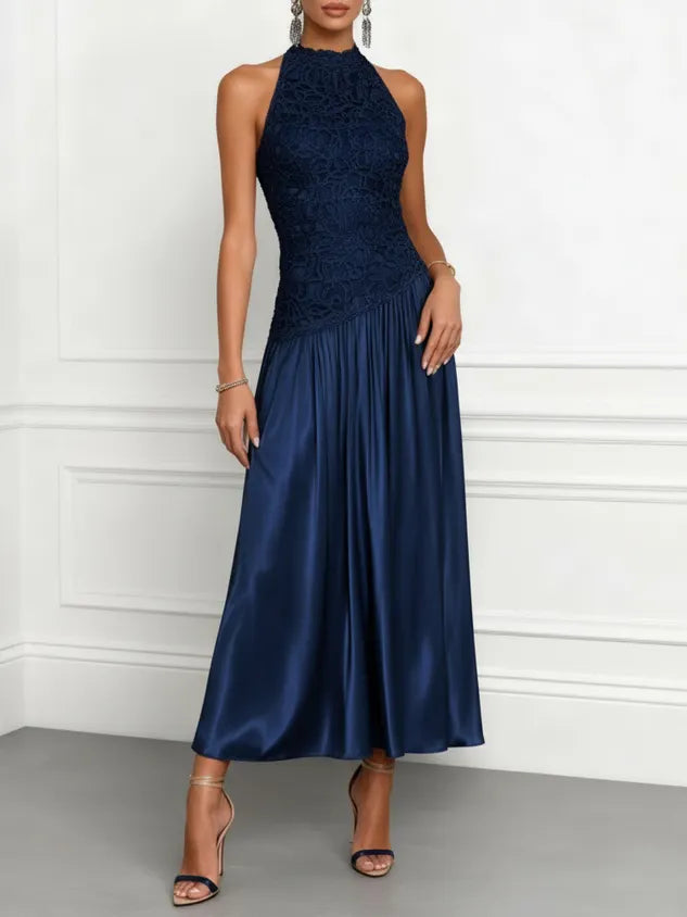 Navy Blue Lace Satin Crew Neck Sleeveless A-Line Maxi Dress
