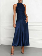 Champagne Lace Satin Halter Crew Neck Sleeveless A-Line Maxi Dress