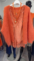 Coral Fuzzy Cardigan & Lace-Trim Longline Tank Set