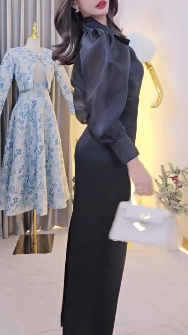 Organza Puff-Sleeve Top & Pencil Skirt Set