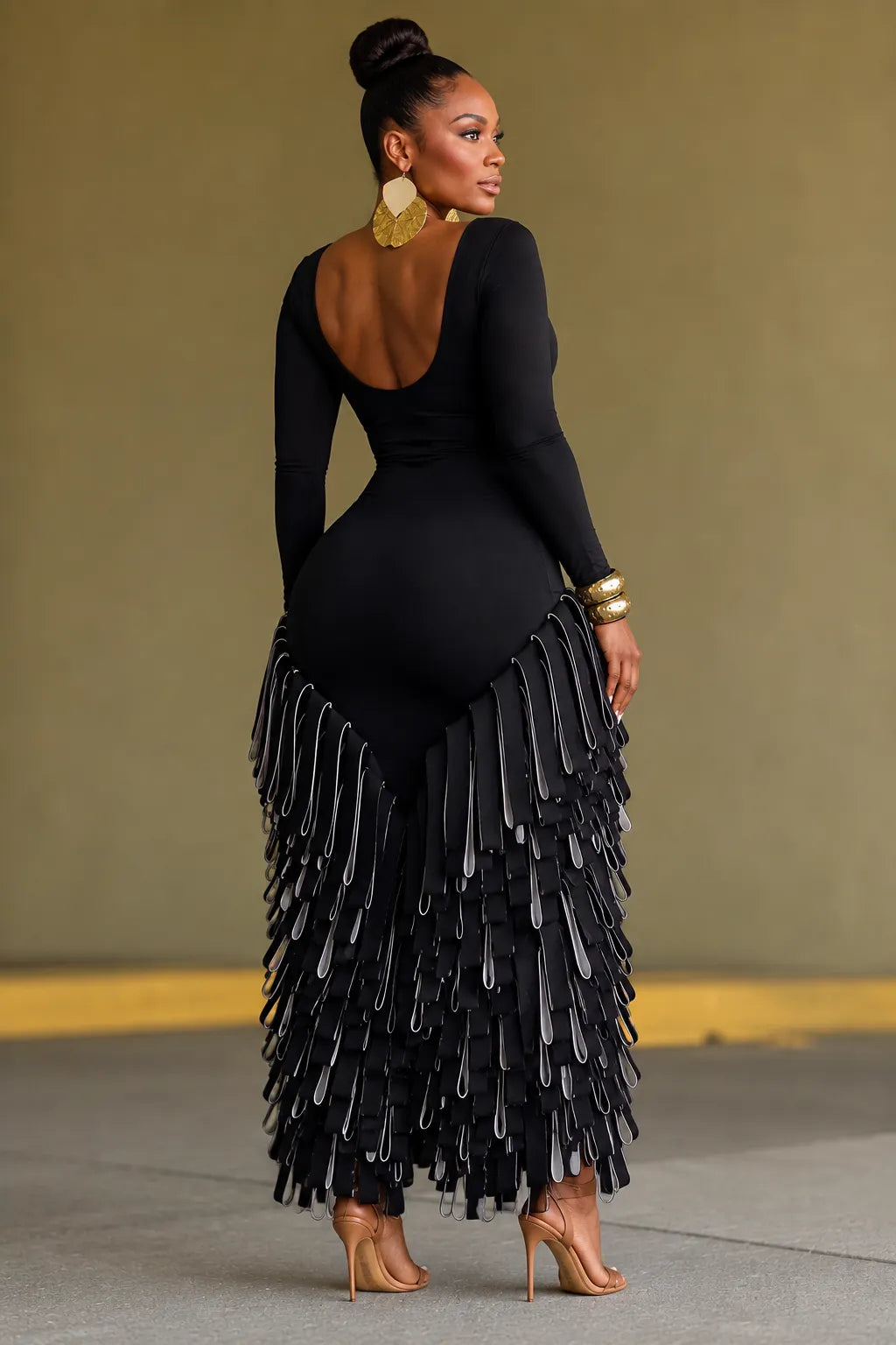 Long Sleeve U‑Neck Layered Fringe Maxi Dress