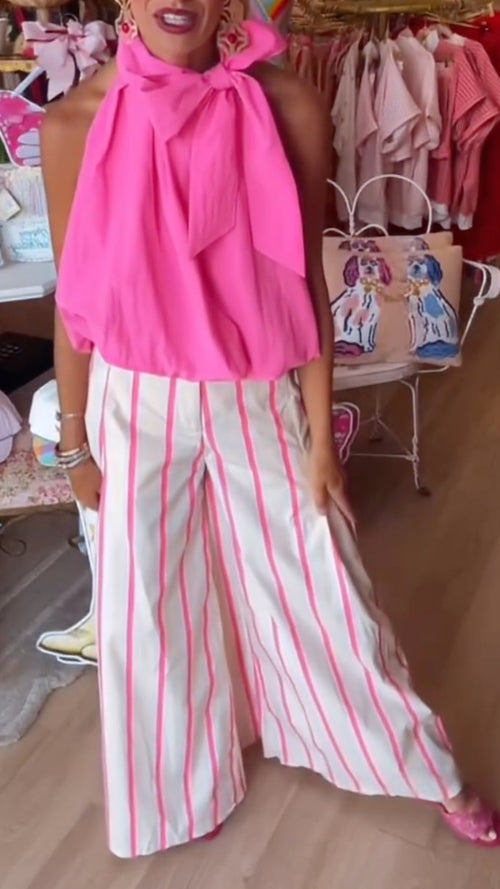 Bow Halter Top & Pink Stripe Wide Leg Pants Set