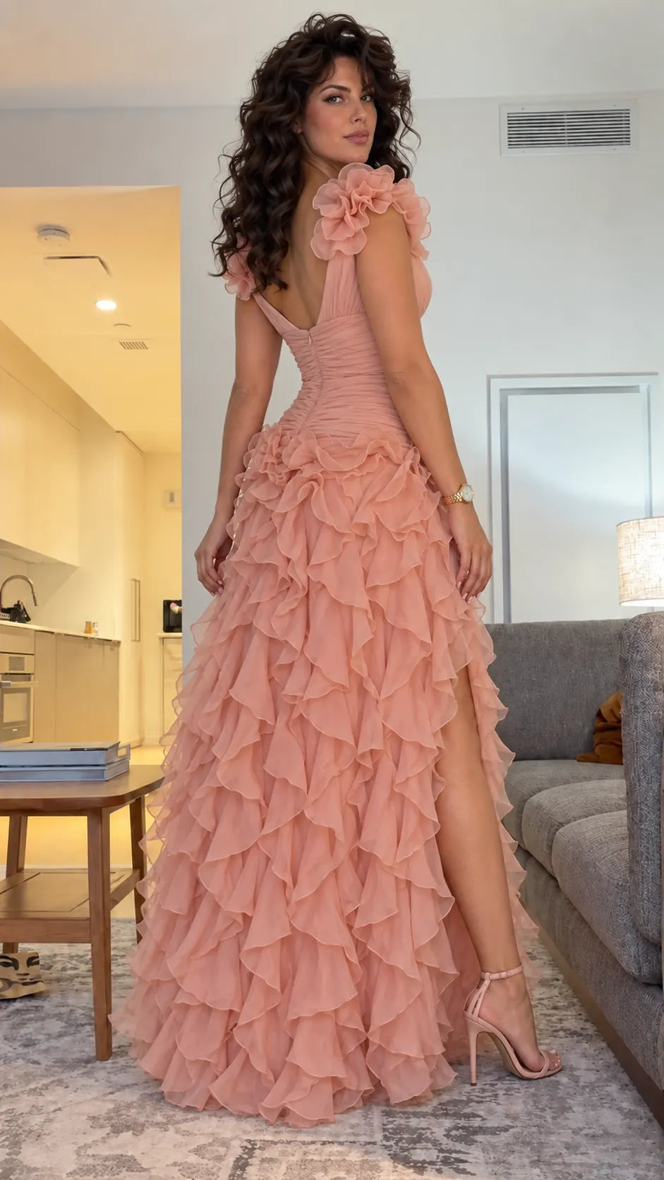 Pink Ruffled Chiffon Gown