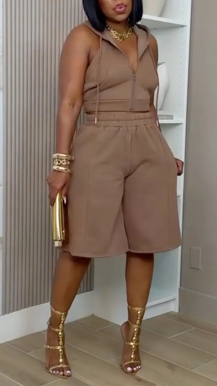 Hooded Zip Top And Bermuda Shorts Two Piece Set