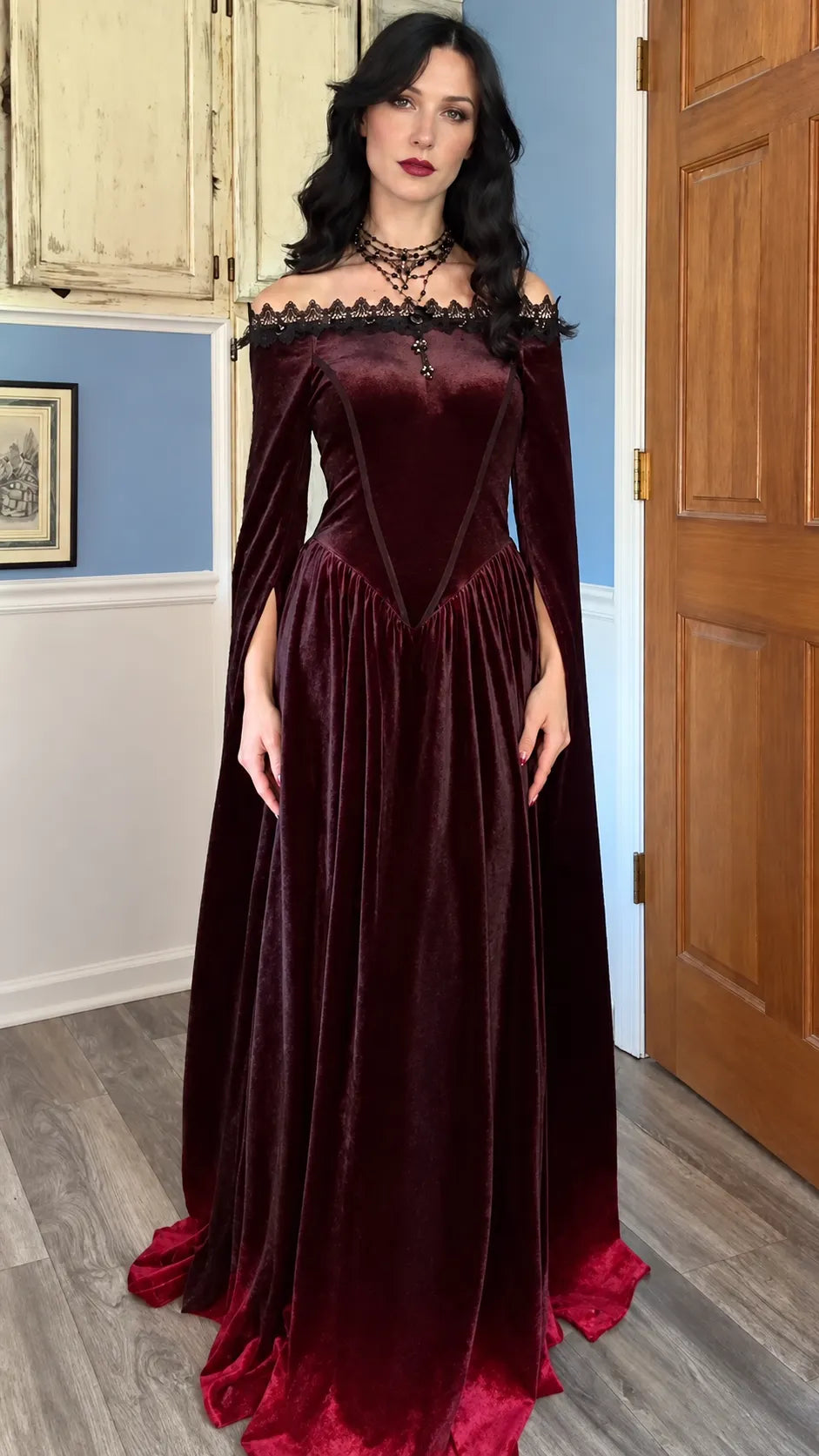 Burgundy Off-Shoulder Velvet Gown