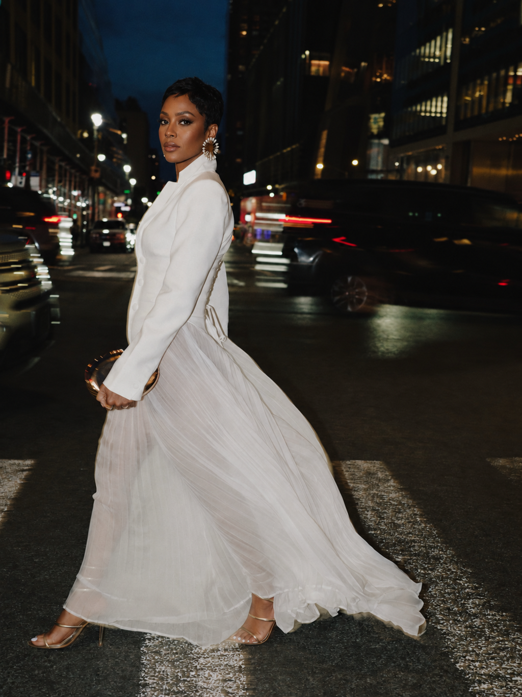 White Blazer-Style Pleated Wide-Leg Jumpsuit