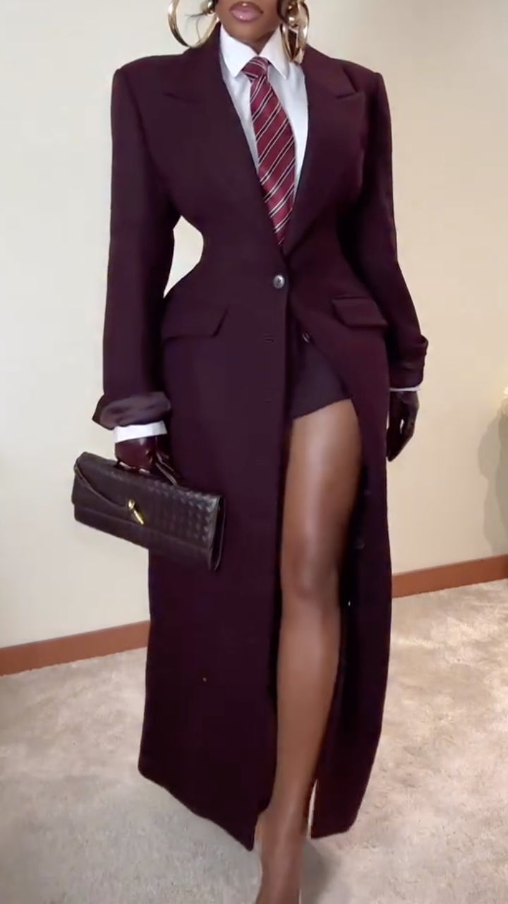 Burgundy Long Tailored Blazer, Mini Skirt And White Shirt 3 Piece Set