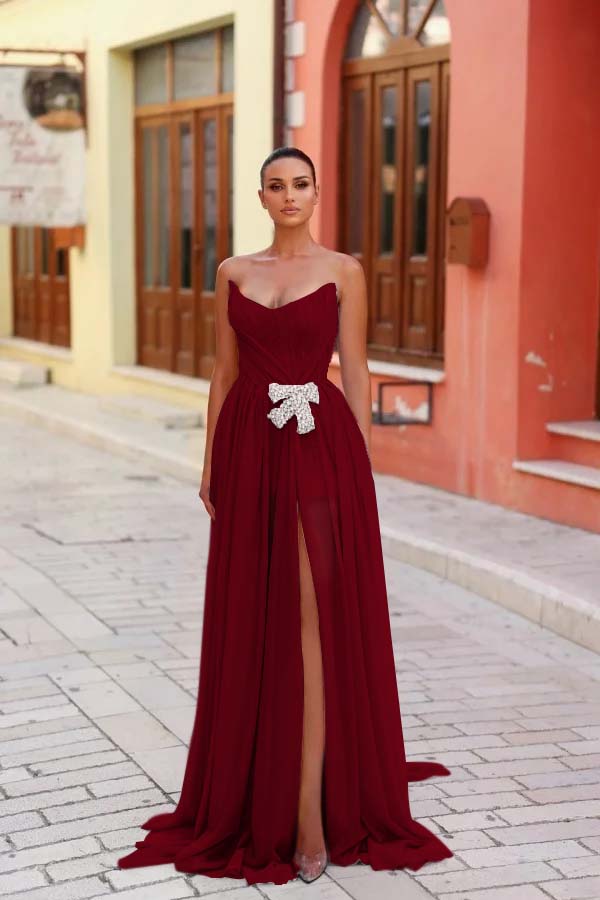 Strapless Sleeveless Long Split Prom Dress With Pleated Beading WQ0269