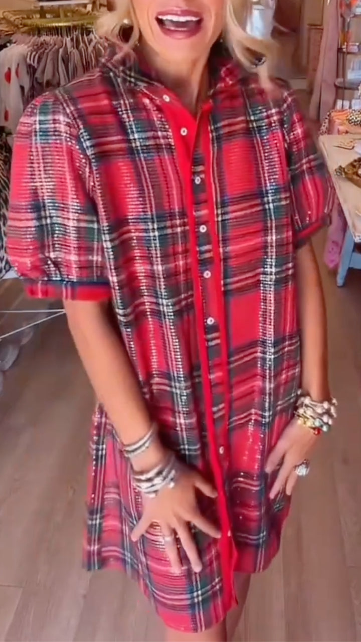 Red Tartan Plaid Short-Sleeve Shirt Dress