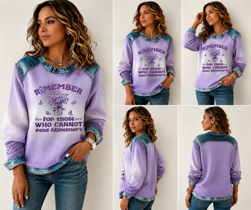 Alzheimer Awareness Denim Splice Waffle Knit Sweatshirt