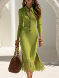 Stylish Polo Collar And Fringed Hem Green Knitted Midi Dress