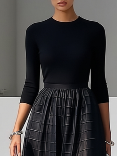 Black Organza Knit Crew Neck Half Sleeve A-Line Midi Dress
