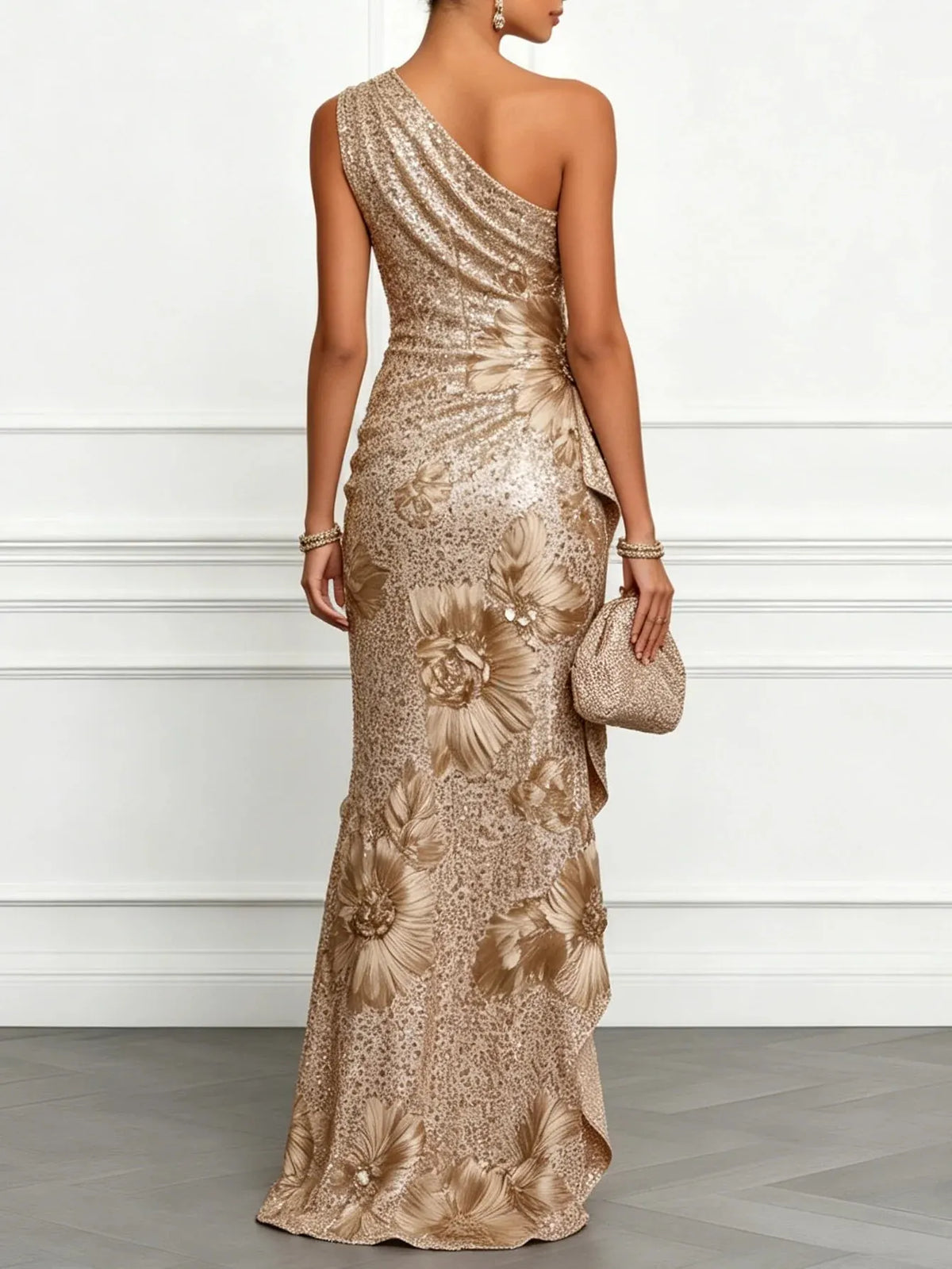 Champagne Jacquard Sequin One Shoulder Sleeveless Mermaid Floor-length Gown Dress