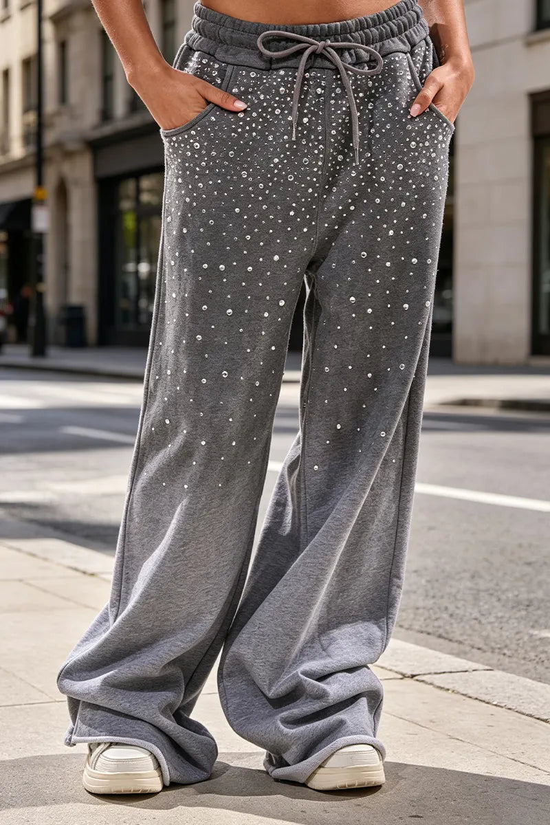 Women's Round Neck Rhinestone Gradient Top+ Pants Casual Suit